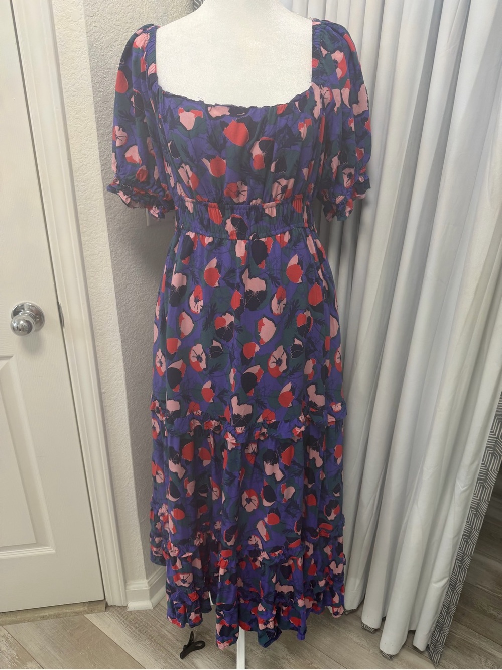 & Merci Purple Floral Tiered Square Neck Midi Dress Size Large L